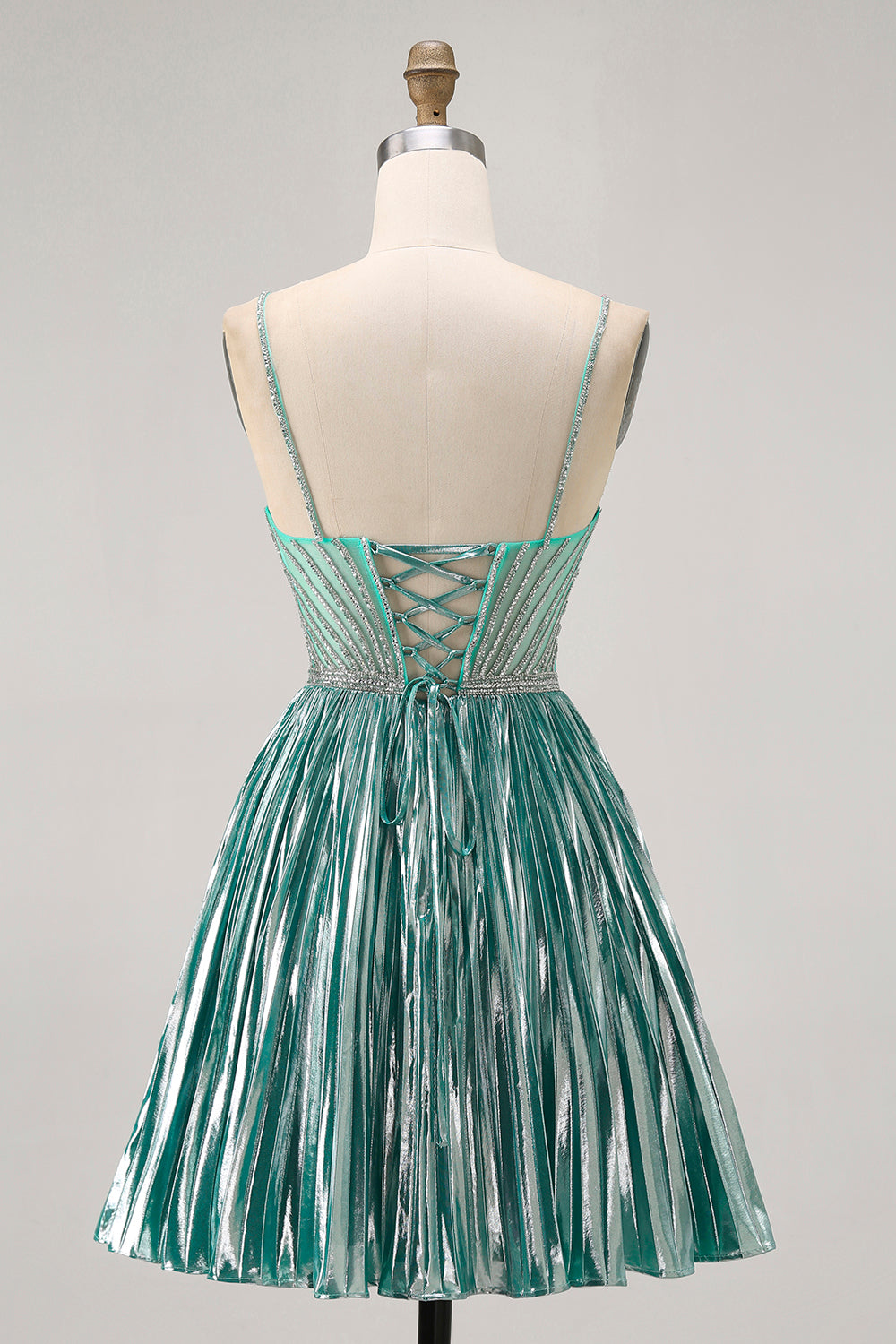 Green Metallic A Line Short Pleated Homecoming Dress with Beading