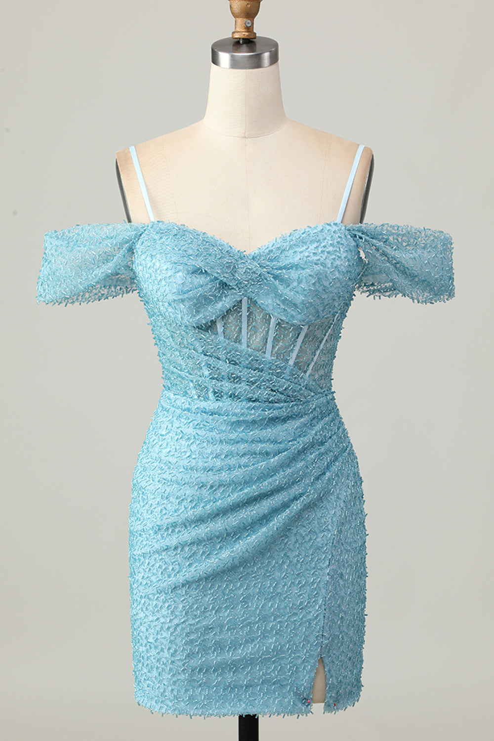 Blue Tight Corset Cold Shoulder Short Homecoming Dress with Slit