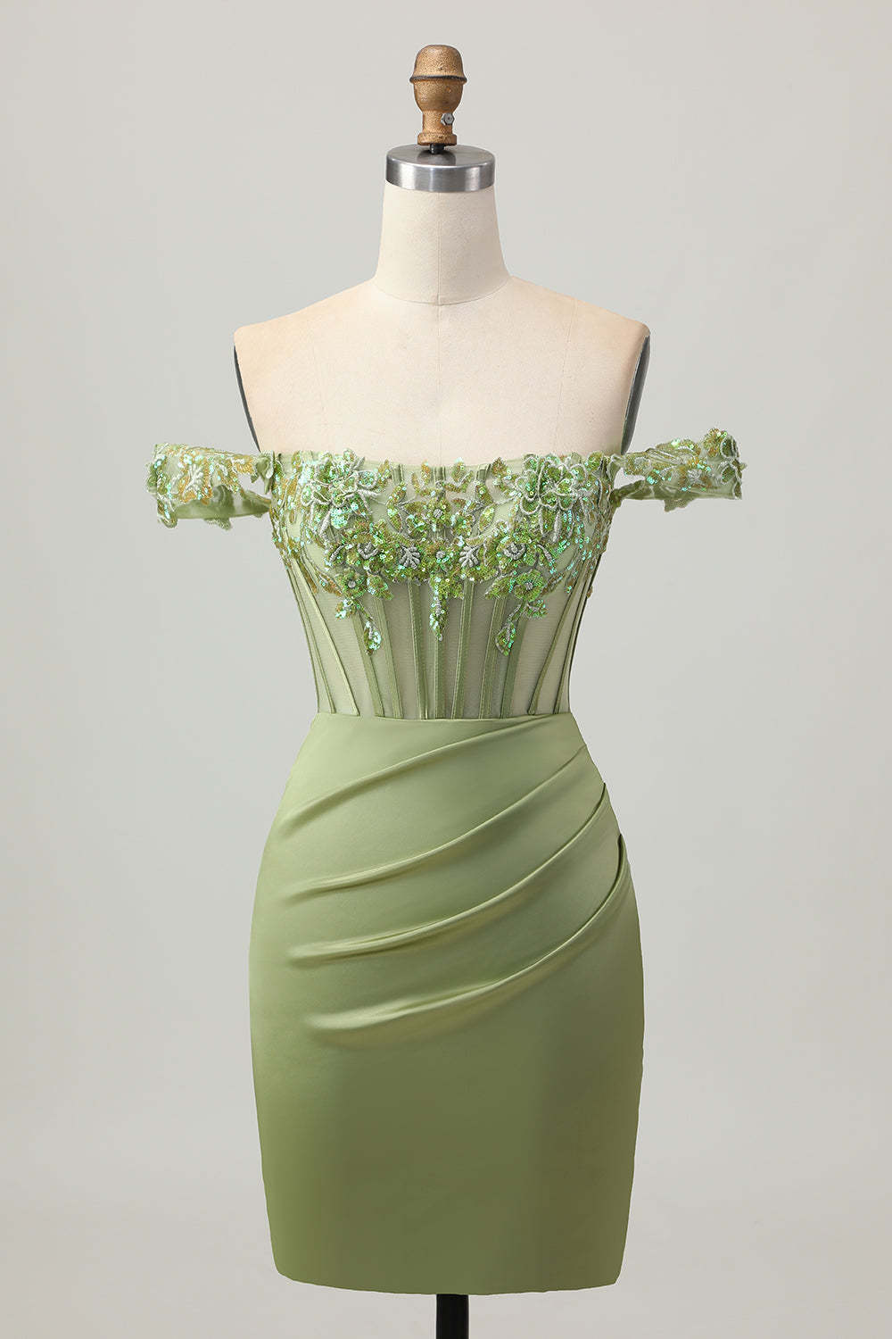 Leely Women Green Corset Tight Short Homecoming Dress Satin Floral Off the Shoulder Cocktail Dress with Appliques