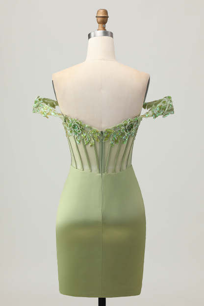 Green Tight Corset Satin Off the Shoulder Short Homecoming Dress with Flowers