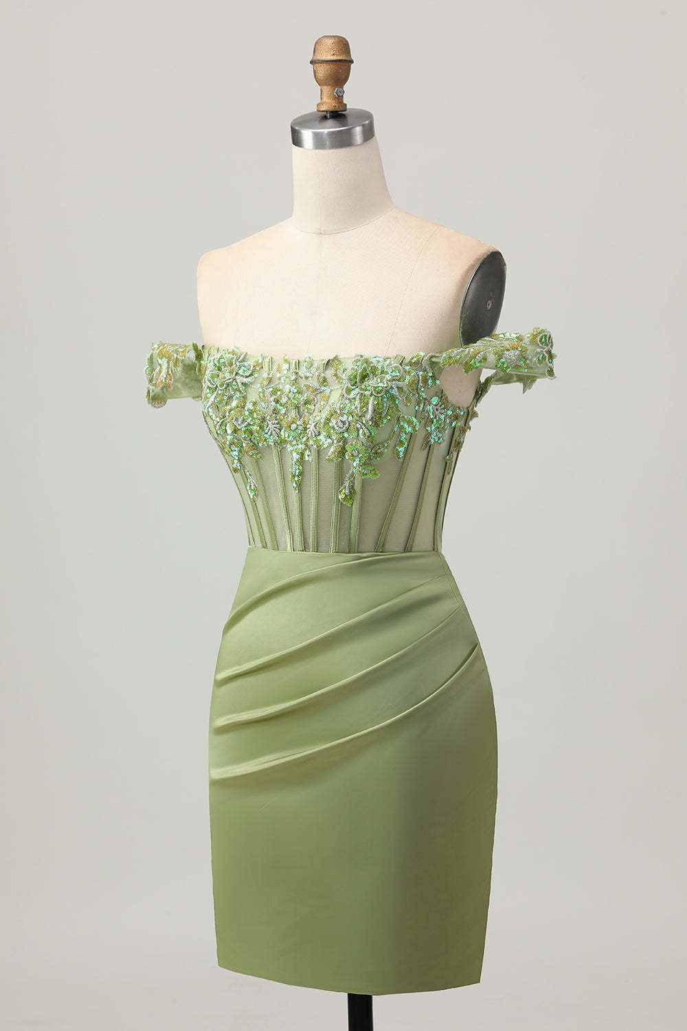 Green Tight Corset Satin Off the Shoulder Short Homecoming Dress with Flowers
