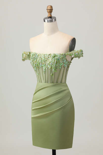 Green Tight Corset Satin Off the Shoulder Short Homecoming Dress with Flowers