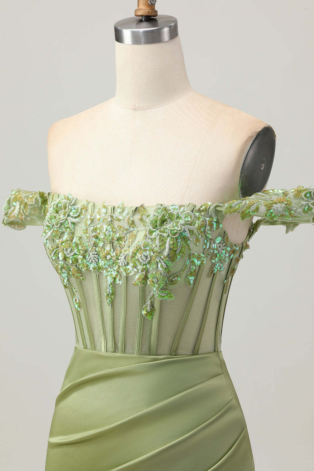 Green Tight Corset Satin Off the Shoulder Short Homecoming Dress with Flowers
