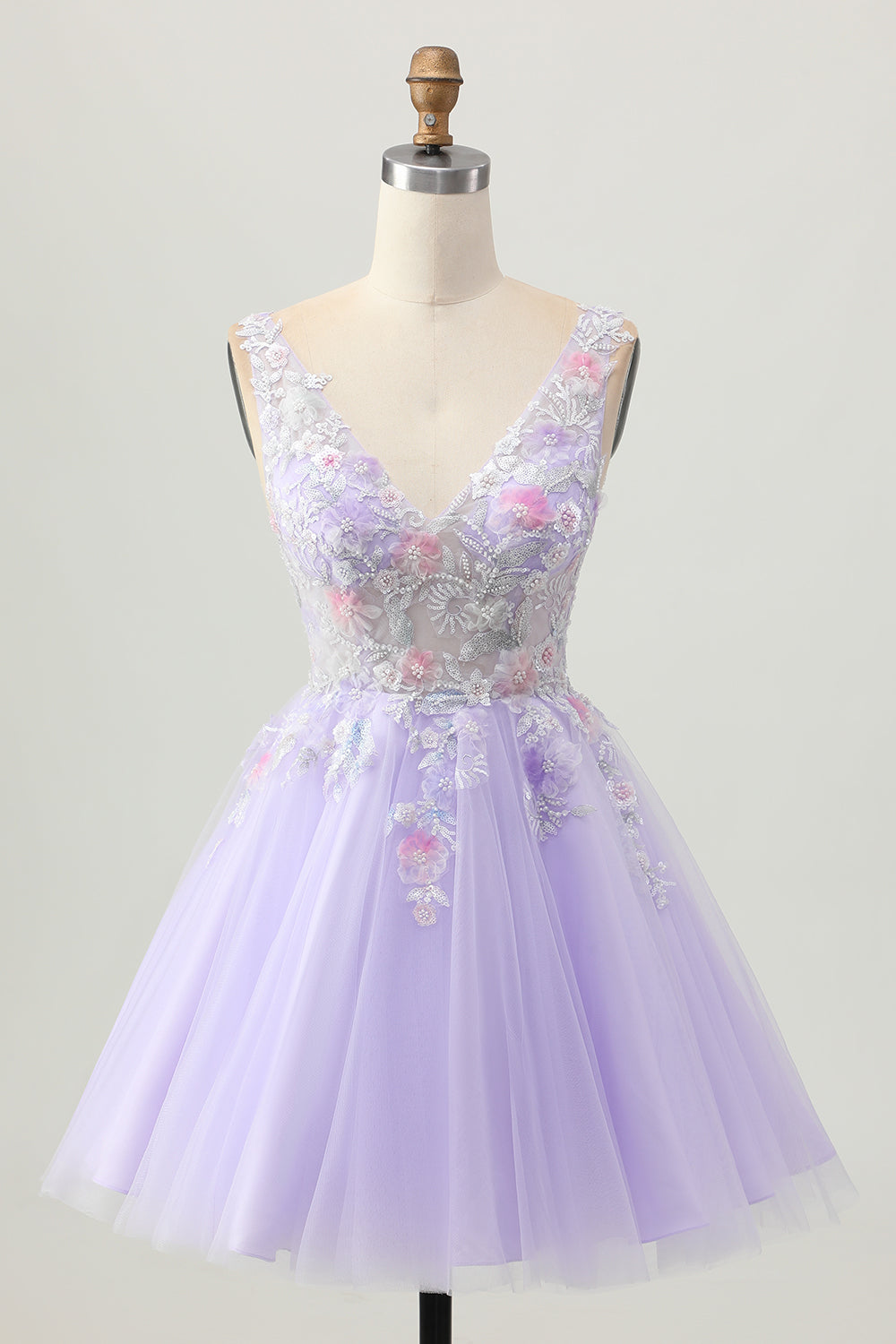 Leely Women Sparkly Lilac Floral Short Homecoming Dress with Beading Tulle V-Neck A Line Cocktail Dress with Lace
