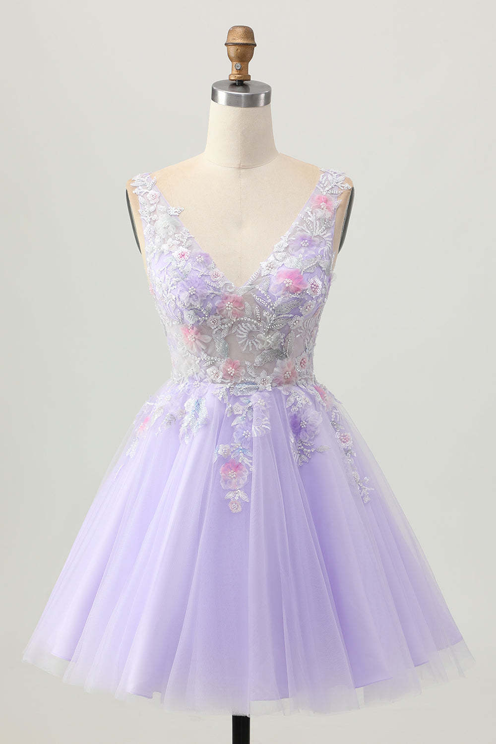 Leely Women Sparkly Lilac Floral Short Homecoming Dress with Beading Tulle V-Neck A Line Cocktail Dress with Lace