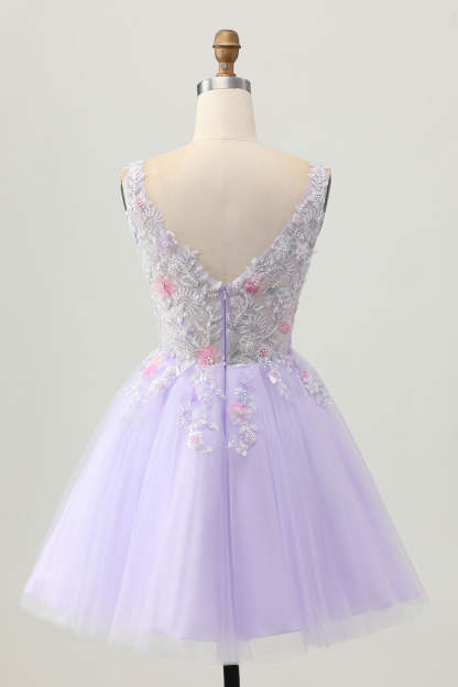 Sparkly Beaded Lilac V-Neck A line Short Homecoming Dress with Flowers