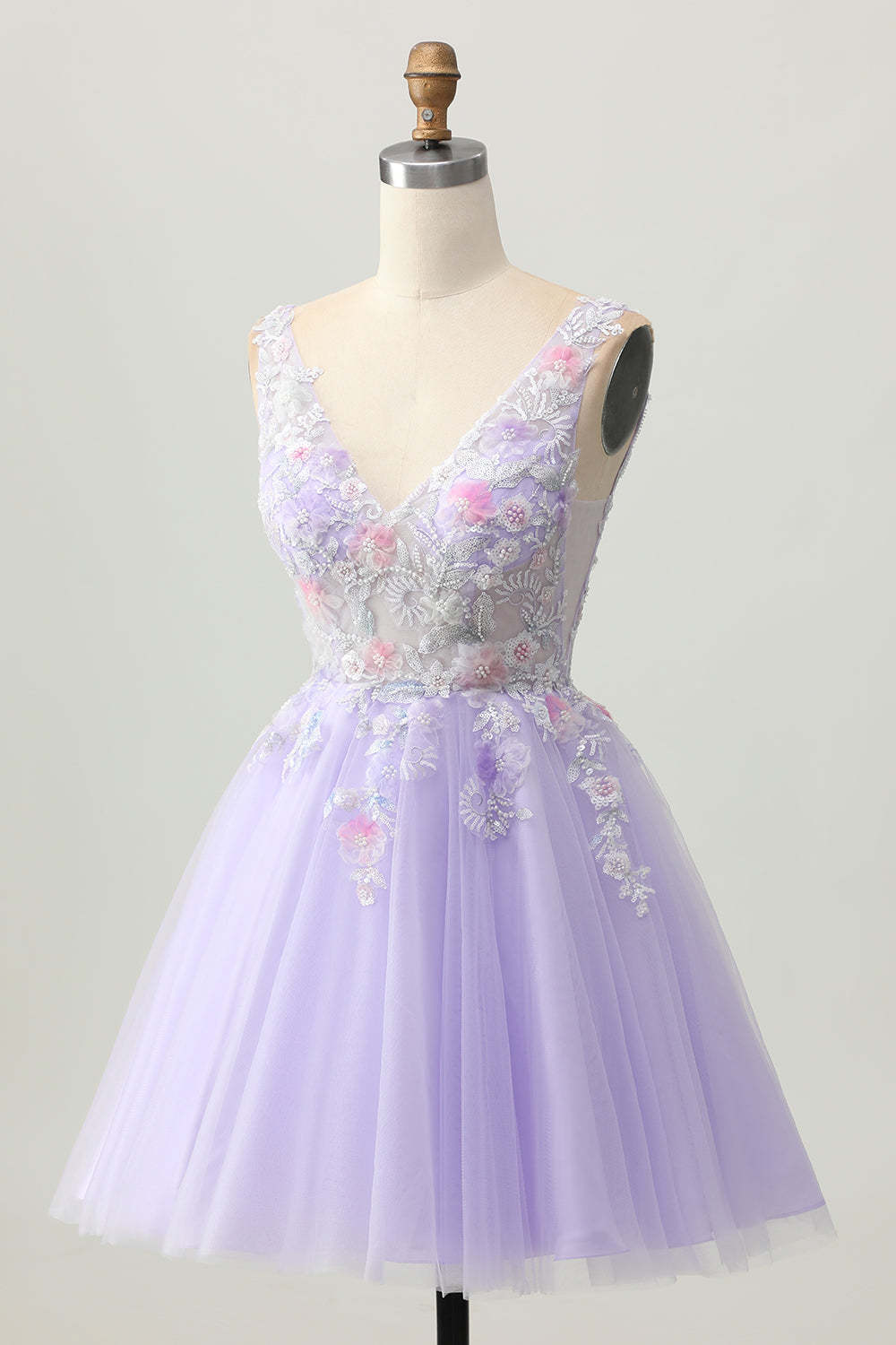 Sparkly Beaded Lilac V-Neck A line Short Homecoming Dress with Flowers
