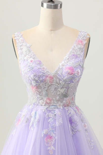 Sparkly Beaded Lilac V-Neck A line Short Homecoming Dress with Flowers