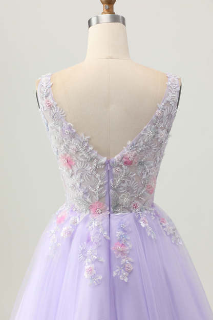 Sparkly Beaded Lilac V-Neck A line Short Homecoming Dress with Flowers
