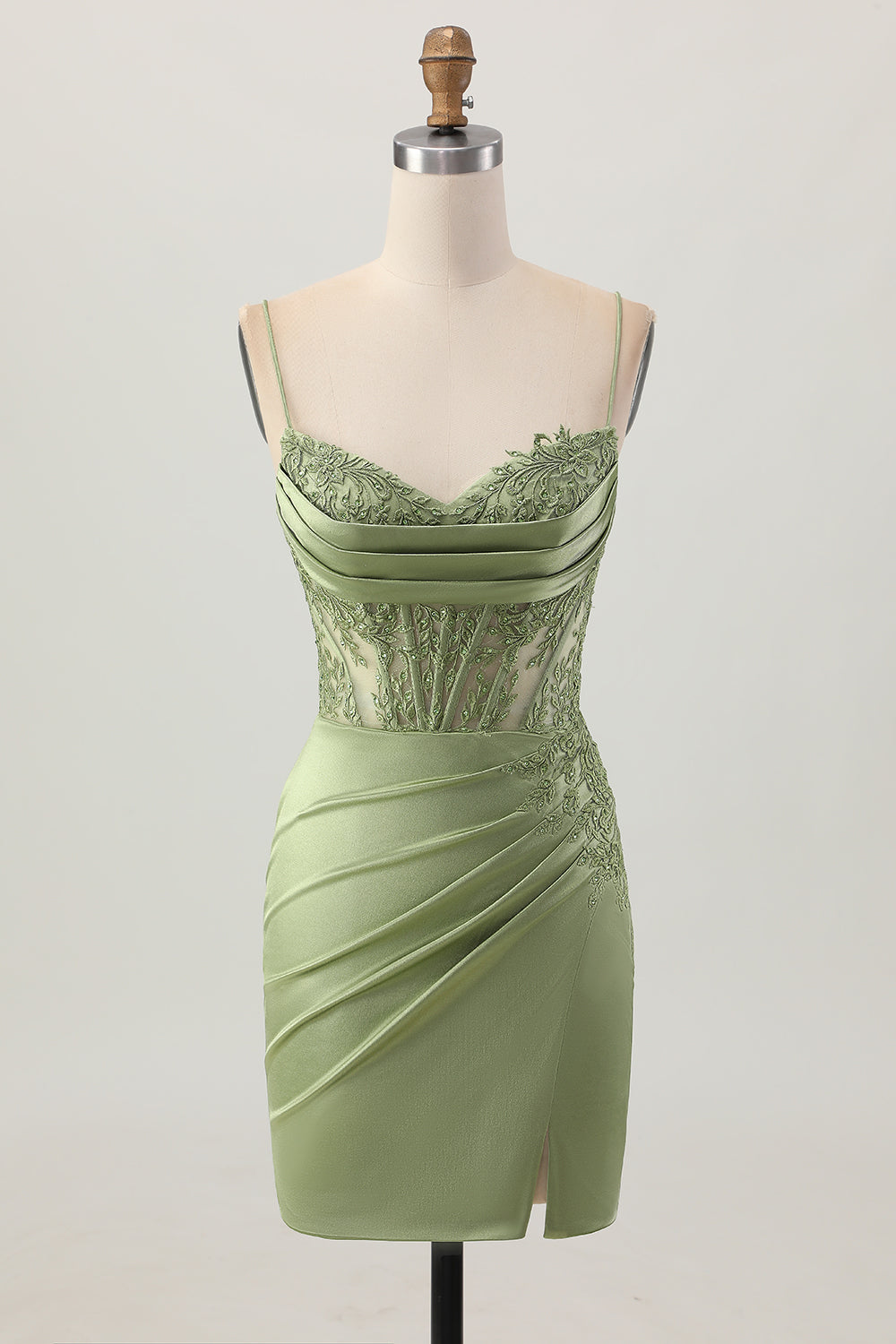 Corset Satin Tight Sage Green Appliqued Short Homecoming Dress