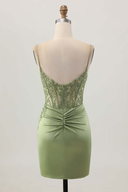Corset Satin Tight Sage Green Appliqued Short Homecoming Dress