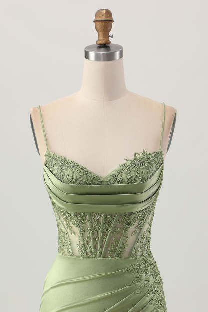 Corset Satin Tight Sage Green Appliqued Short Homecoming Dress