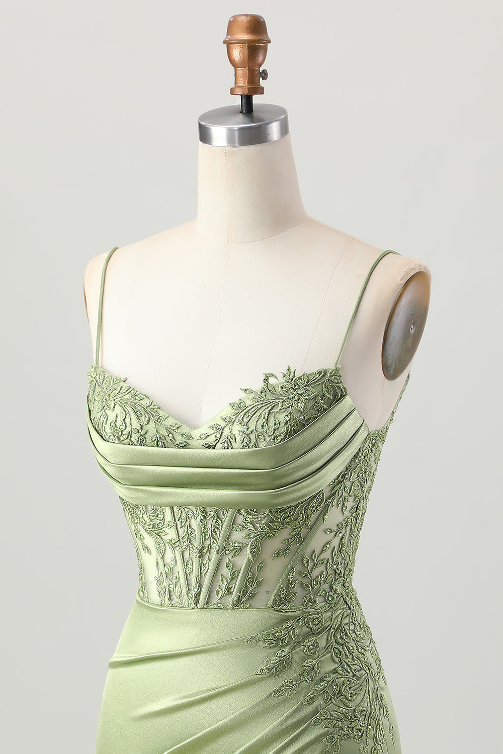 Corset Satin Tight Sage Green Appliqued Short Homecoming Dress