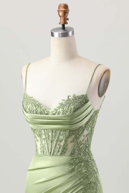 Corset Satin Tight Sage Green Appliqued Short Homecoming Dress