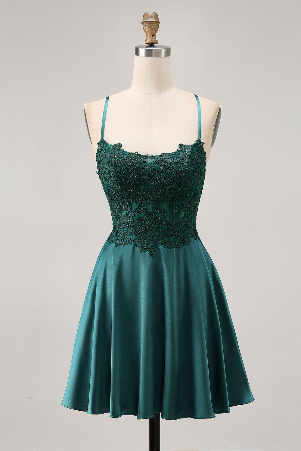 Dark Green Appliqued Satin Short Corset Homecoming Dress with Rhinestones