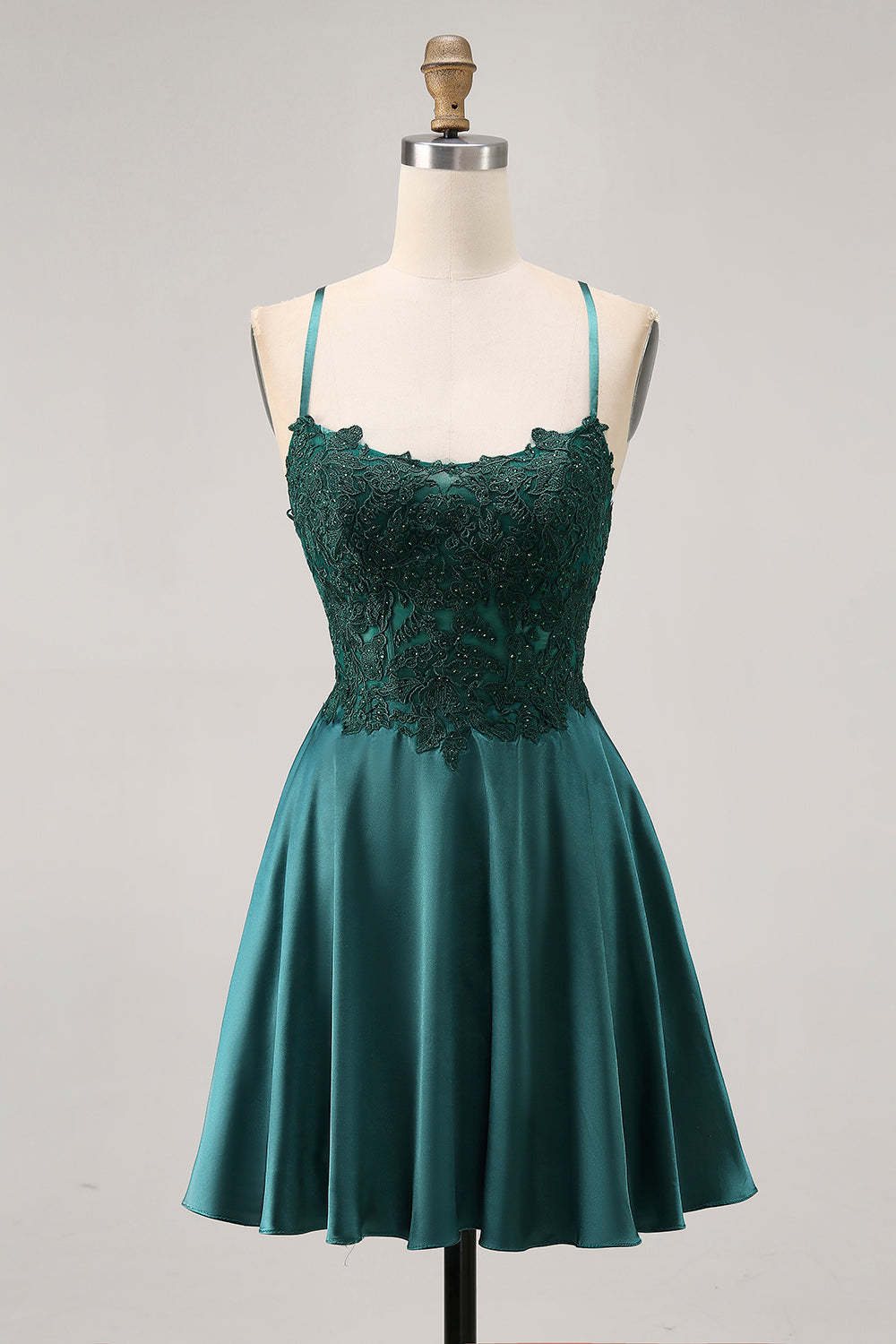 Leely Women Dark Green Satin Short Corset Homecoming Dress with Rhinestones Appliqued A Line Spaghetti Straps Lace Up Back Cocktail Dress