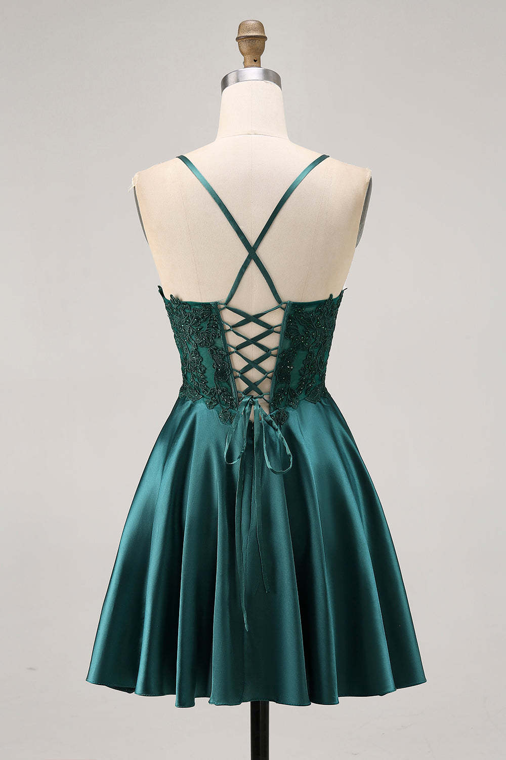 Dark Green Appliqued Satin Short Corset Homecoming Dress with Rhinestones