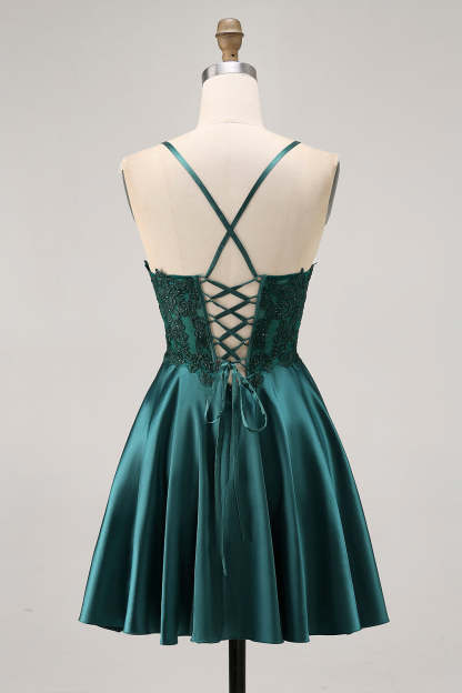 Dark Green Appliqued Satin Short Corset Homecoming Dress with Rhinestones