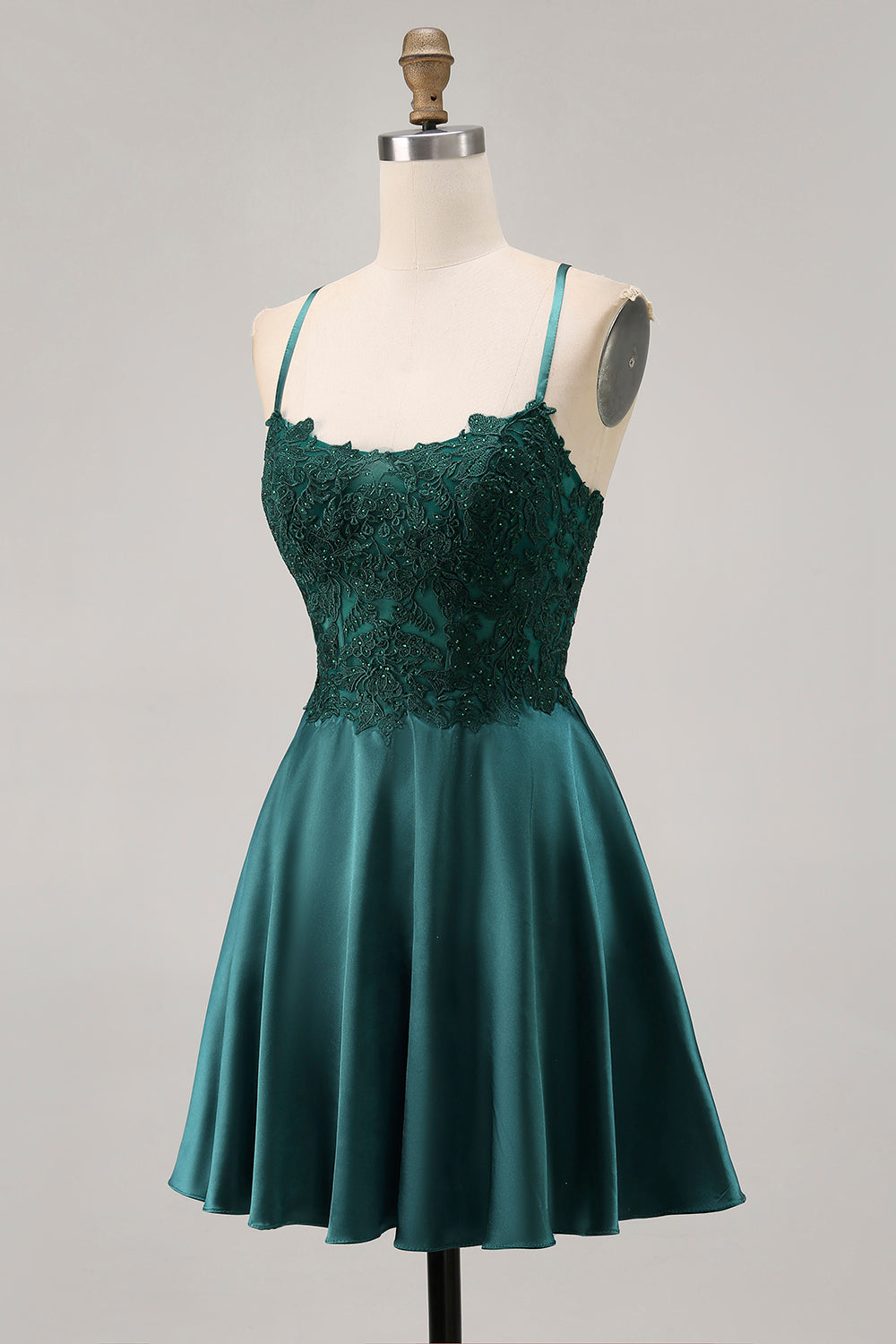 Dark Green Appliqued Satin Short Corset Homecoming Dress with Rhinestones