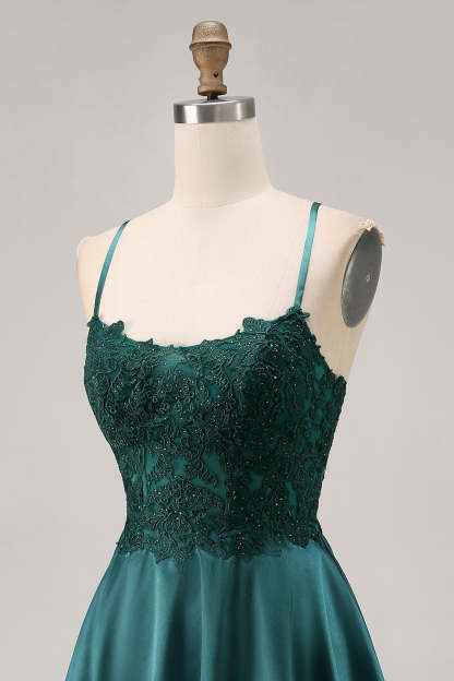 Dark Green Appliqued Satin Short Corset Homecoming Dress with Rhinestones
