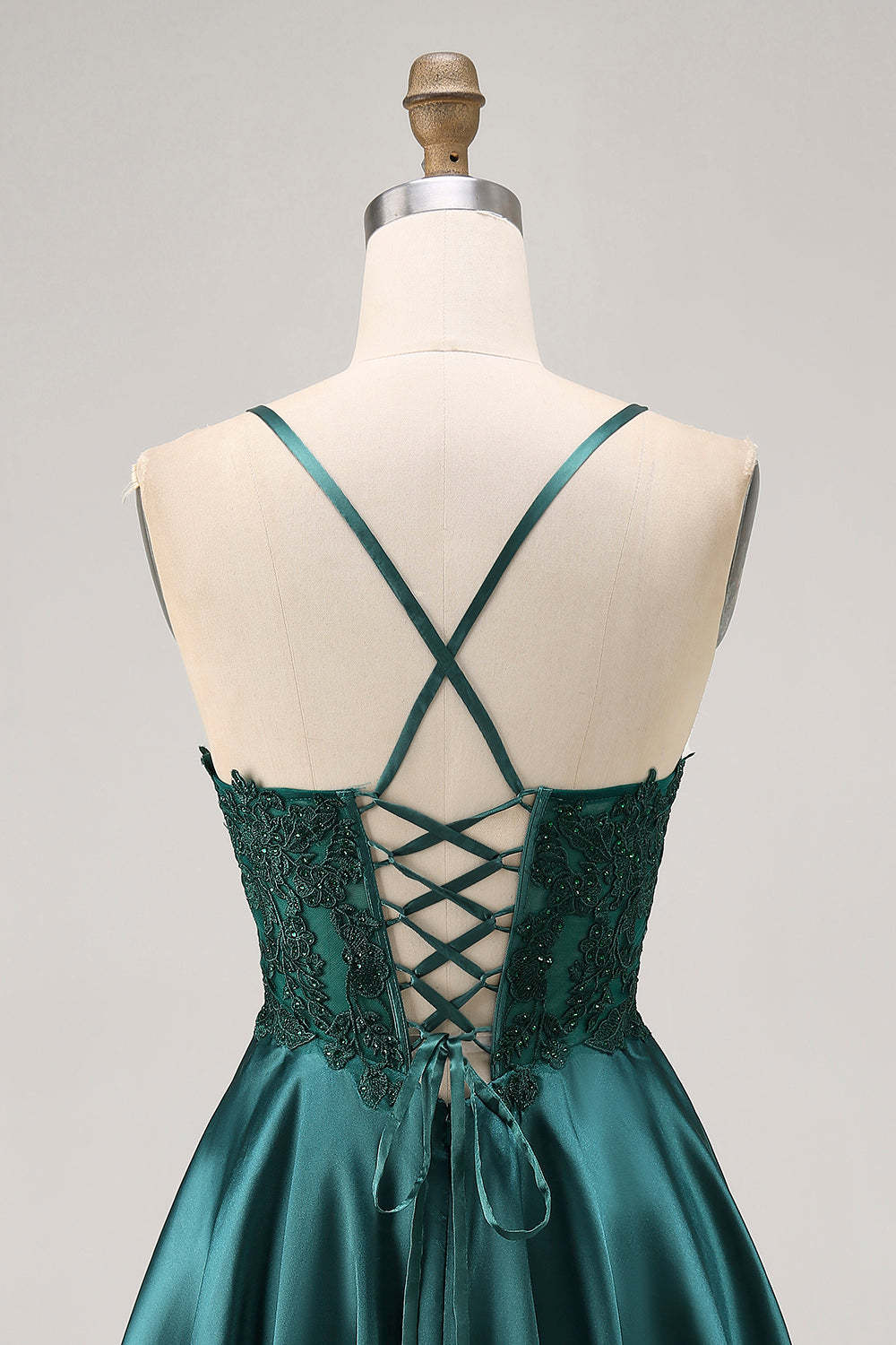 Dark Green Appliqued Satin Short Corset Homecoming Dress with Rhinestones