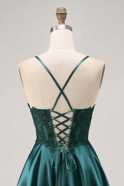 Dark Green Appliqued Satin Short Corset Homecoming Dress with Rhinestones