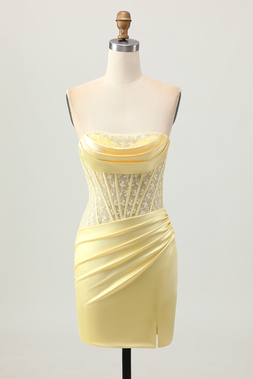 Yellow Strapless Satin Corset Tight Short Homecoming Dress with Lace