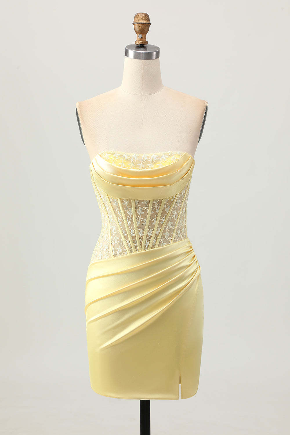 Leely Women Yellow Corset Short Homecoming Dress with Lace Strapless Tight Satin Ruched Lace Up Back Cocktail Dress with Slit