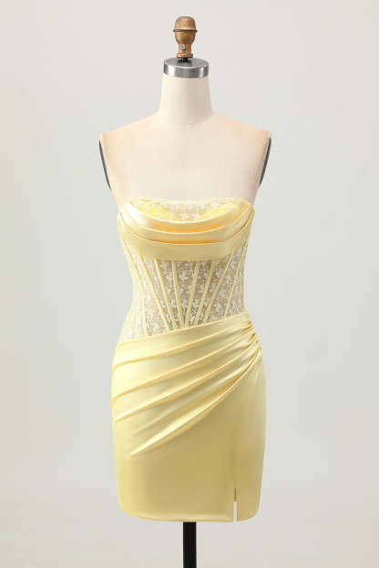Leely Women Yellow Corset Short Homecoming Dress with Lace Strapless Tight Satin Ruched Lace Up Back Cocktail Dress with Slit