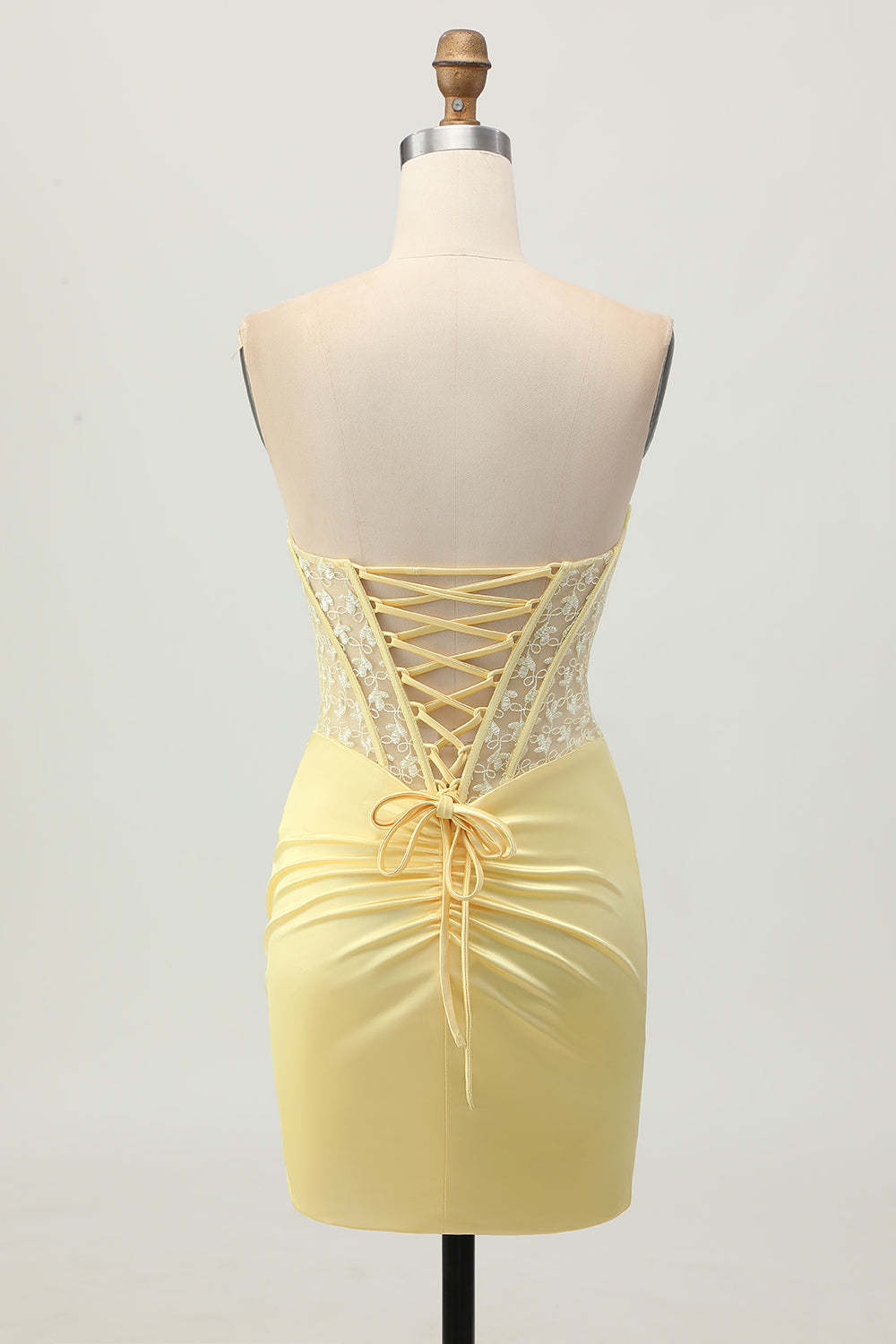 Yellow Strapless Satin Corset Tight Short Homecoming Dress with Lace
