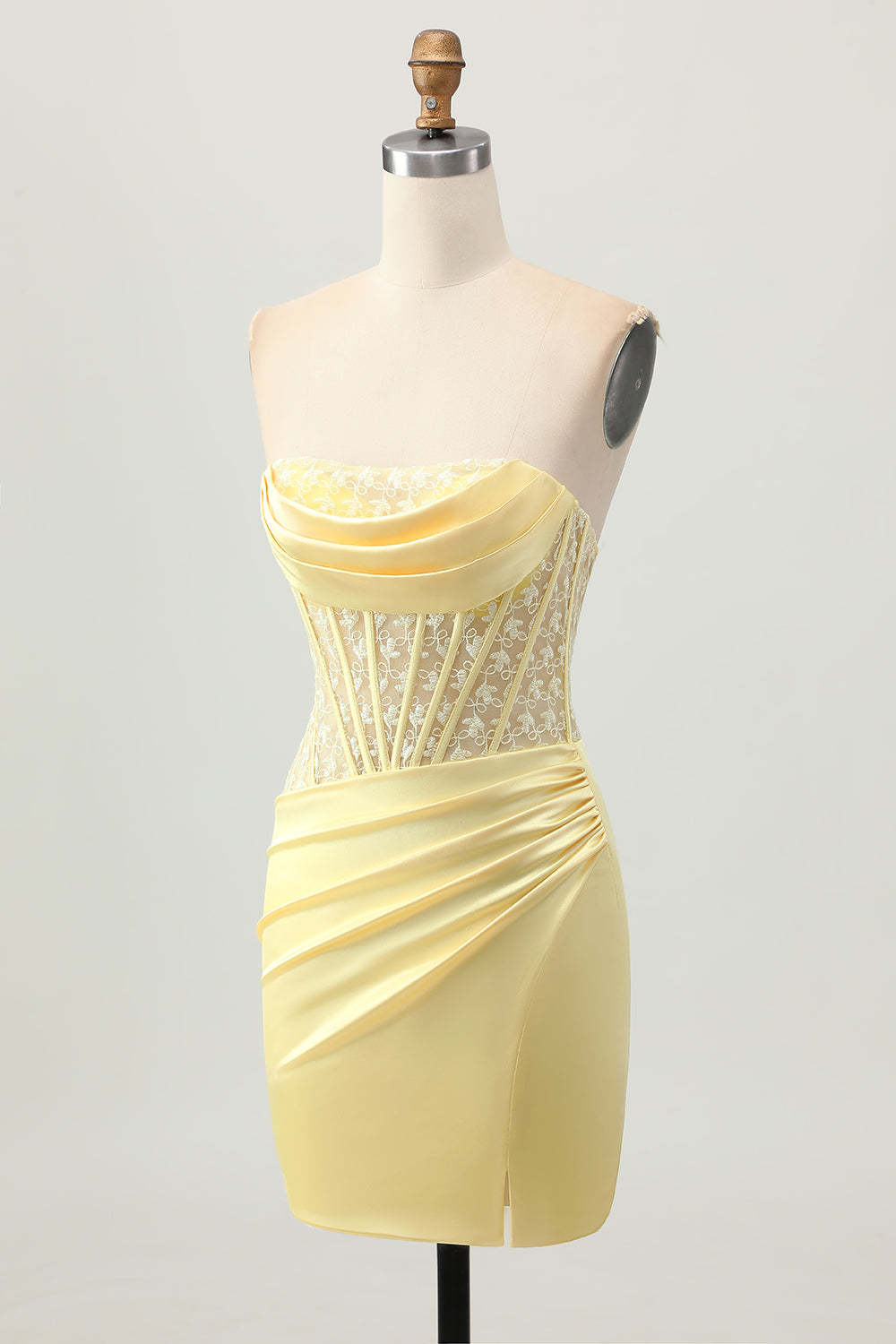 Yellow Strapless Satin Corset Tight Short Homecoming Dress with Lace