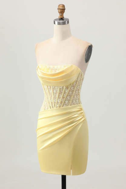 Yellow Strapless Satin Corset Tight Short Homecoming Dress with Lace