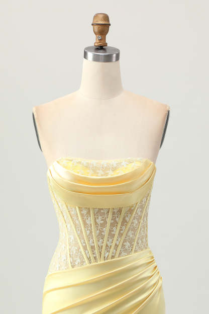 Yellow Strapless Satin Corset Tight Short Homecoming Dress with Lace