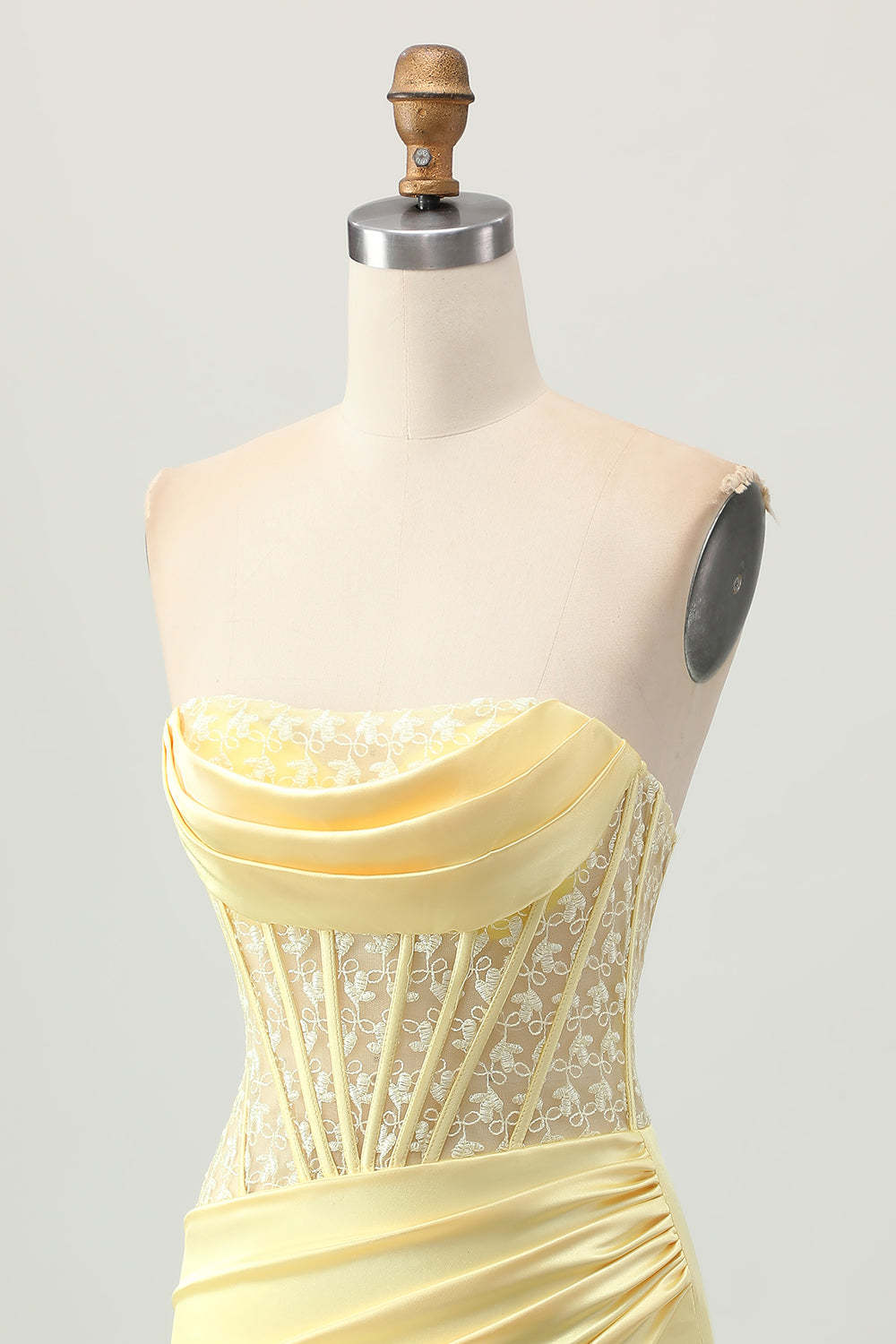 Yellow Strapless Satin Corset Tight Short Homecoming Dress with Lace