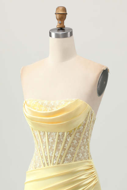 Yellow Strapless Satin Corset Tight Short Homecoming Dress with Lace