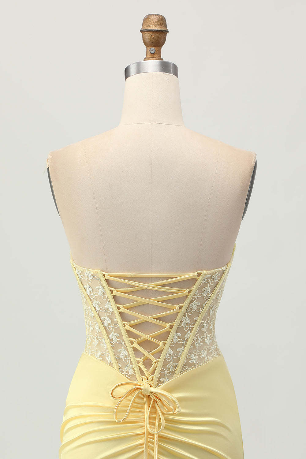 Yellow Strapless Satin Corset Tight Short Homecoming Dress with Lace