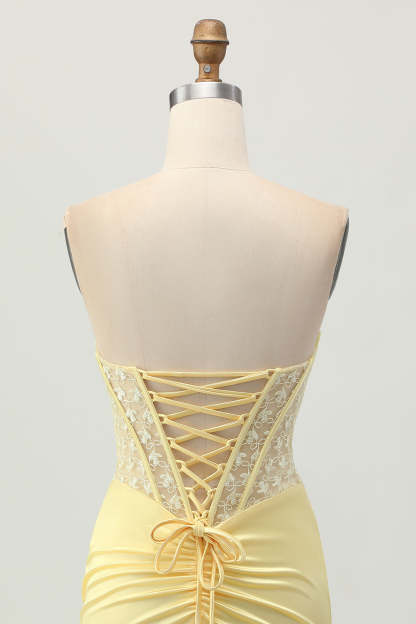 Yellow Strapless Satin Corset Tight Short Homecoming Dress with Lace