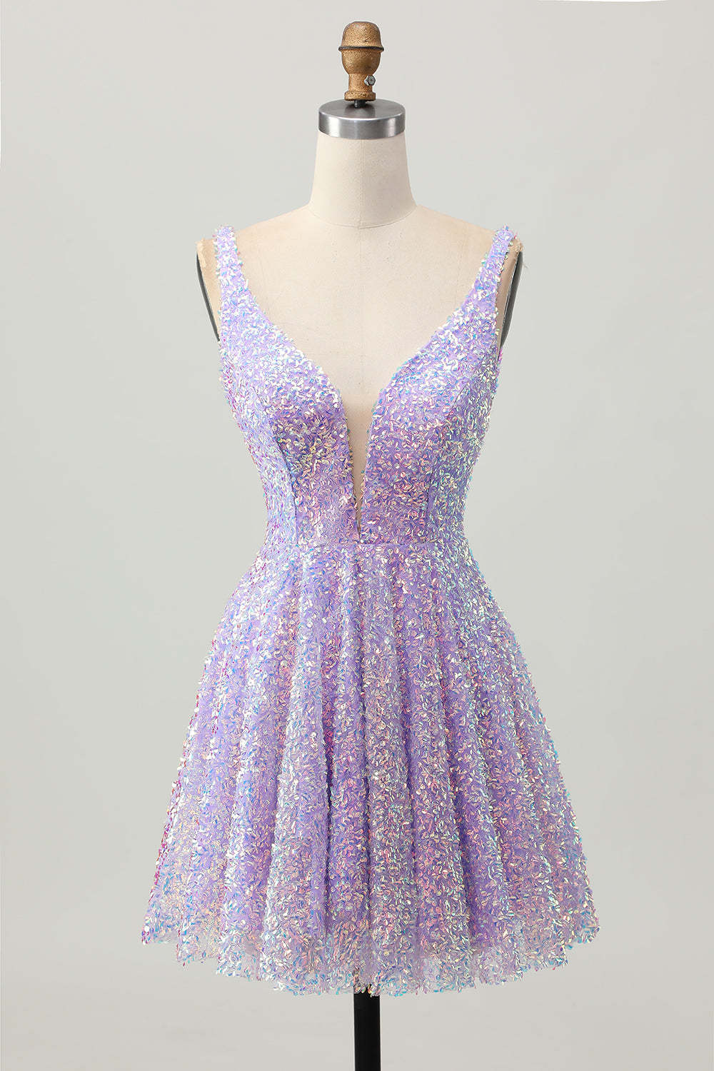 Leely Women Sparkly Lilac Sequin Short Homecoming Dress V-Neck A Line Backless Pleated Cocktail Dress