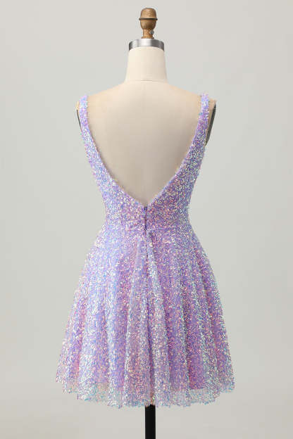 Sparkly Lilac Sequin V-Neck Backless Short Homecoming Dress
