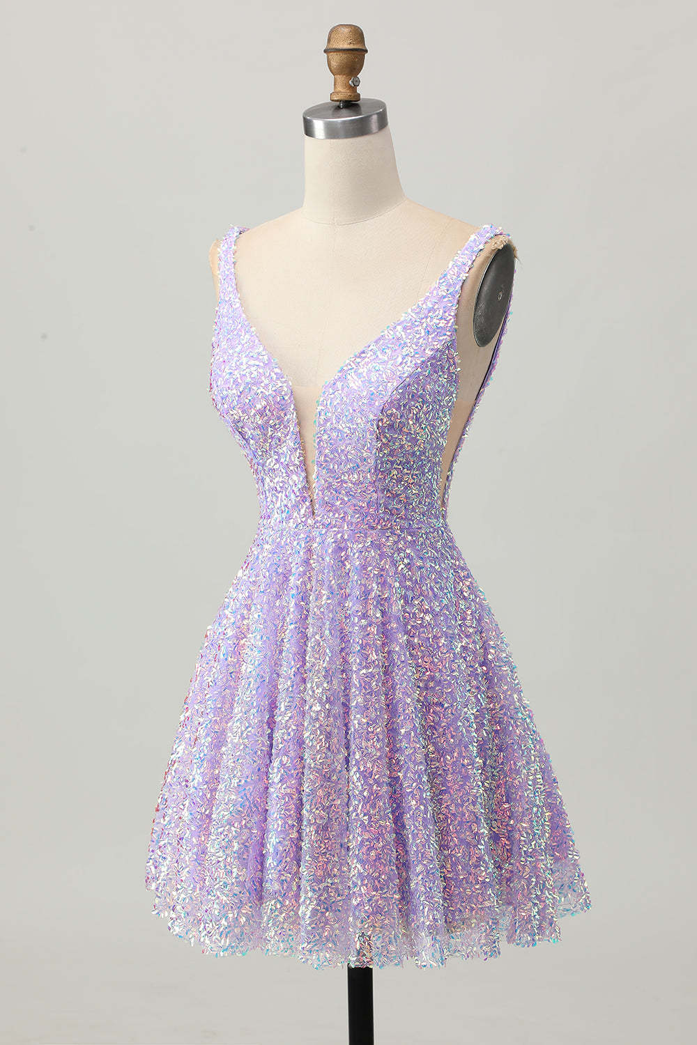 Sparkly Lilac Sequin V-Neck Backless Short Homecoming Dress