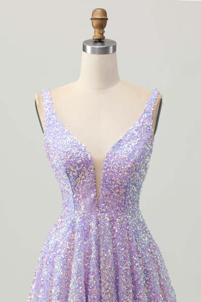 Sparkly Lilac Sequin V-Neck Backless Short Homecoming Dress