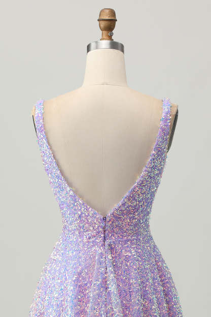Sparkly Lilac Sequin V-Neck Backless Short Homecoming Dress