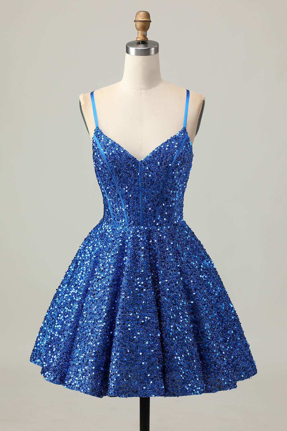 Leely Women Sparkly Dark Blue Corset Short Homecoming Dress Sequined A Line Spaghetti Straps Lace Up Back Cocktail Dress
