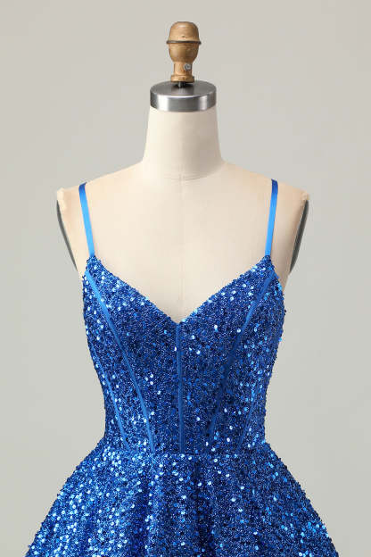 Dark Blue Corset Sparkly Sequined A Line Short Homecoming Dress