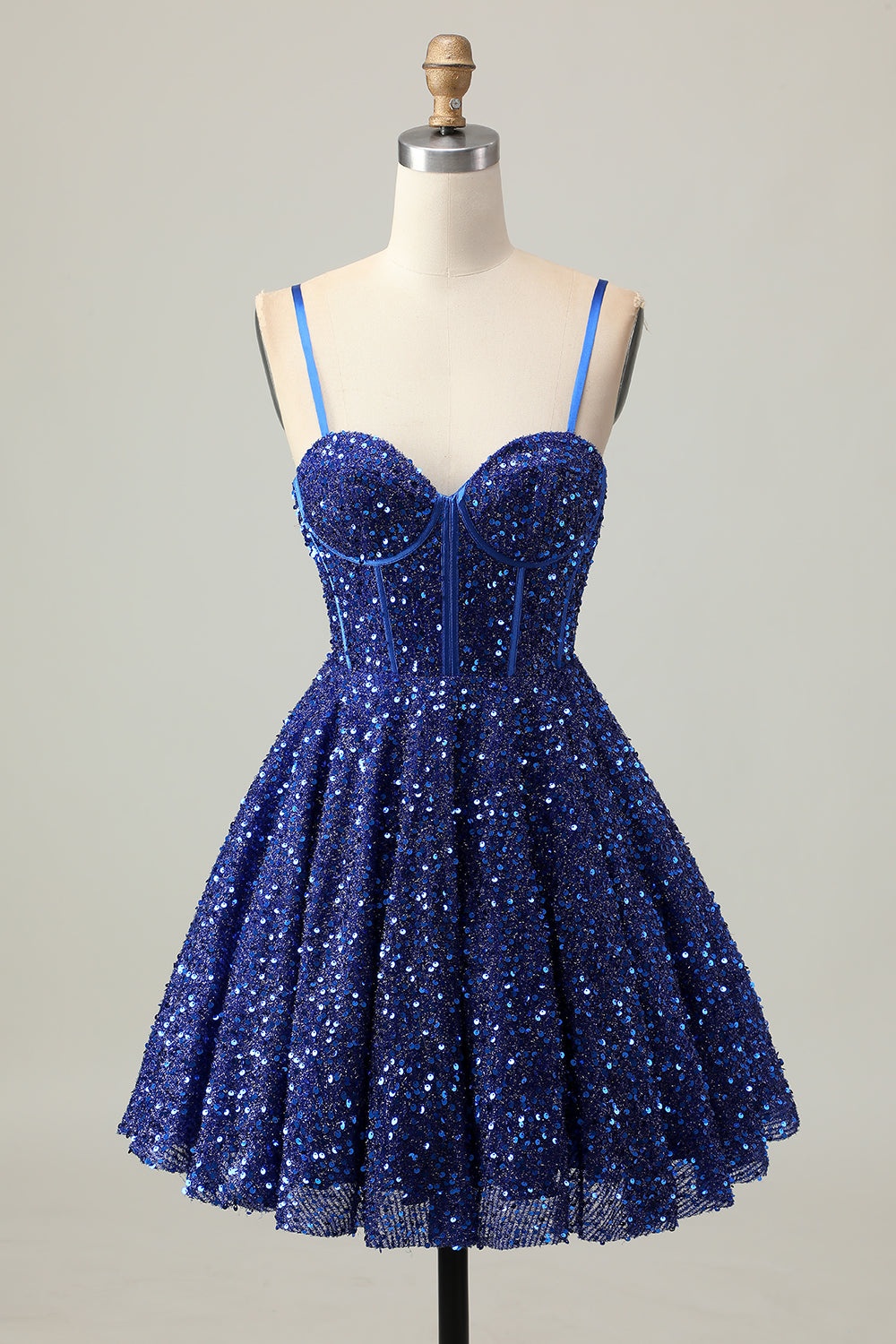 Leely Women Sparkly Dark Blue Corset Short Homecoming Dress Sequin Spaghetti Straps A Line Lace Up Back Cocktail Dress