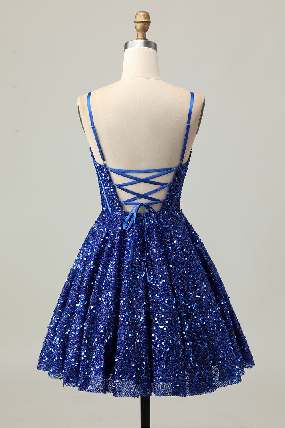 Sparkly Dark Blue Sequin Corset A Line Short Homecoming Dress with Lace up Back