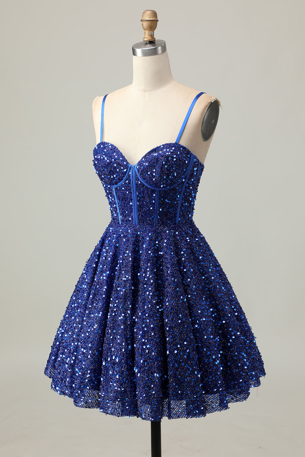 Sparkly Dark Blue Sequin Corset A Line Short Homecoming Dress with Lace up Back