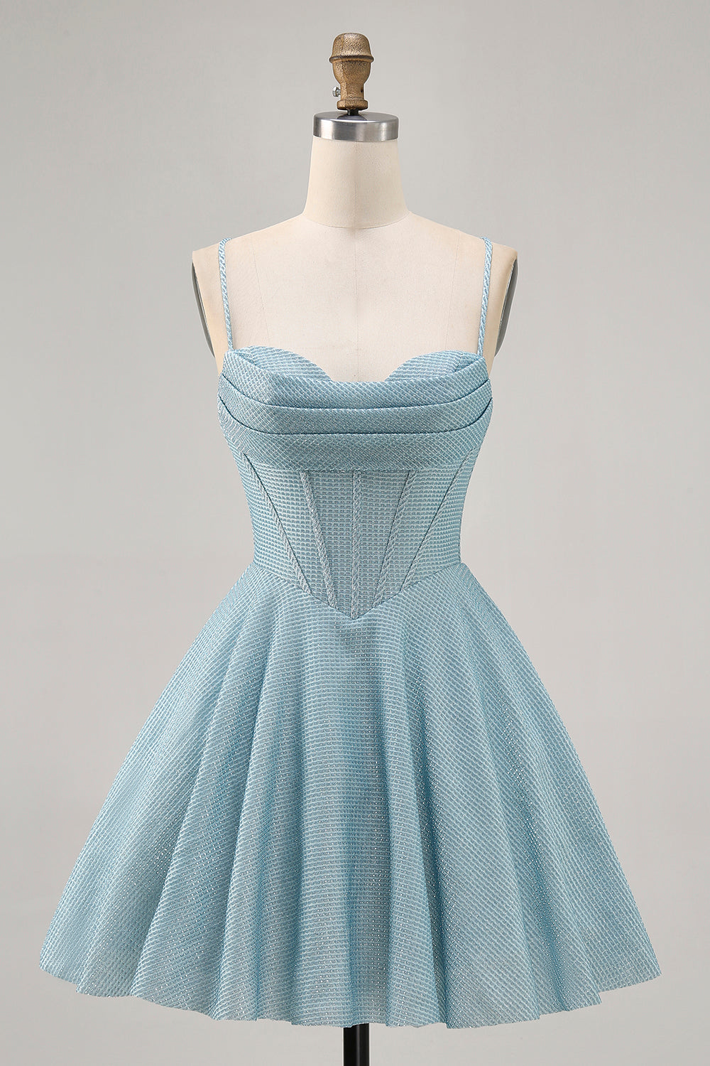 Leely Women Grey Blue Corset Short Homecoming Dress Plaid A Line Spaghetti Straps Lace Up Back Cocktail Dress