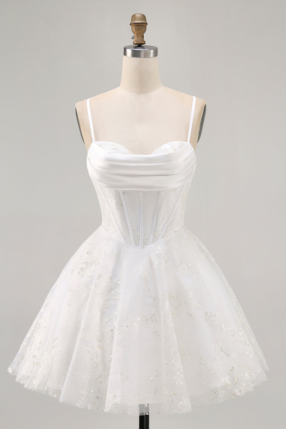 Leely Women White Corset Short Homecoming Dress with Lace Spaghetti Straps A Line Lace Up Back Cocktail Dress