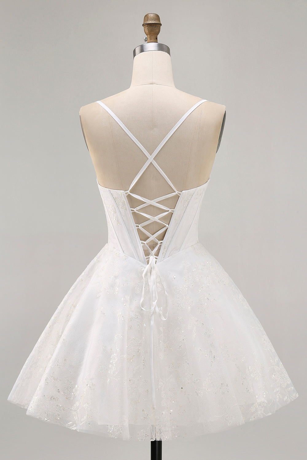 White Corset Spaghetti Straps Short A Line Homecoming Dress with Lace